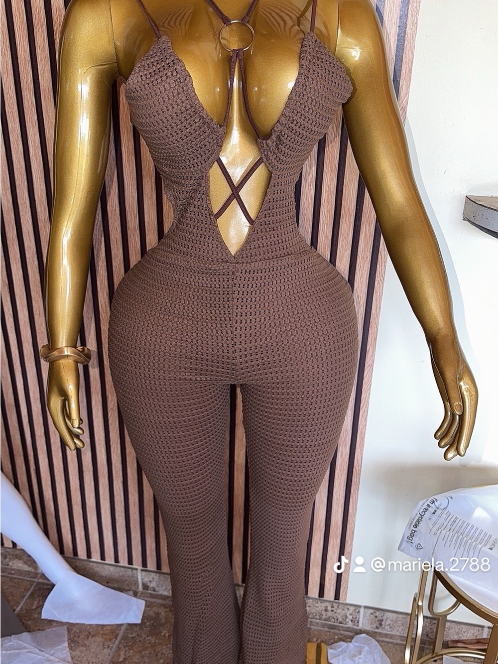 Fashion Nova Brown Crochet Cutout Jumpsuit